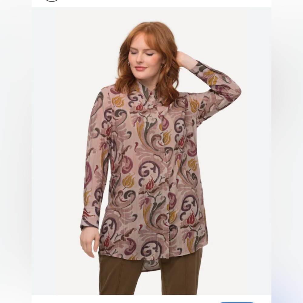 Ulla Popken Purple and Yellow Casual Paisley Dark Rose Button Down Shirt